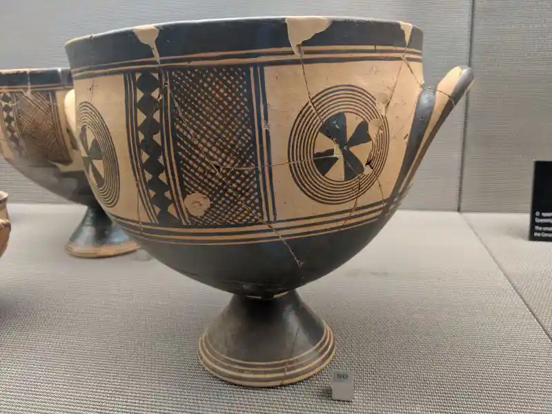 Attic Late Geometric skyphos used as a cinerary urn, featuring geometric decoration and concentric circles around a cross